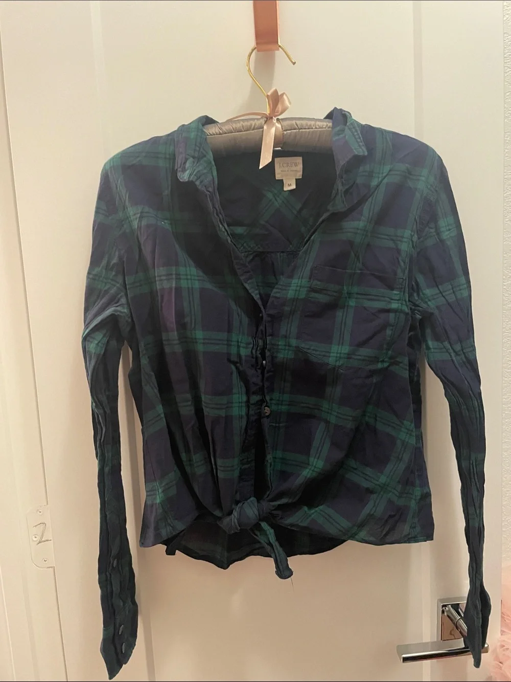J. Crew Navy and Green Blackwatch Plaid Tie-Hem Button-Down Shirt